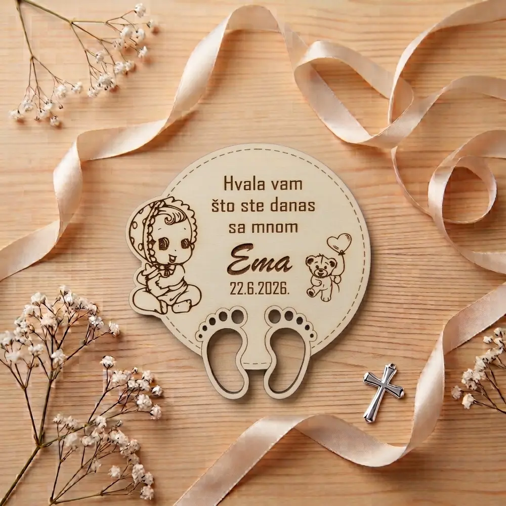 Drveni magnet kao zahvalnica za krštenje s personalizacijom imena i datuma