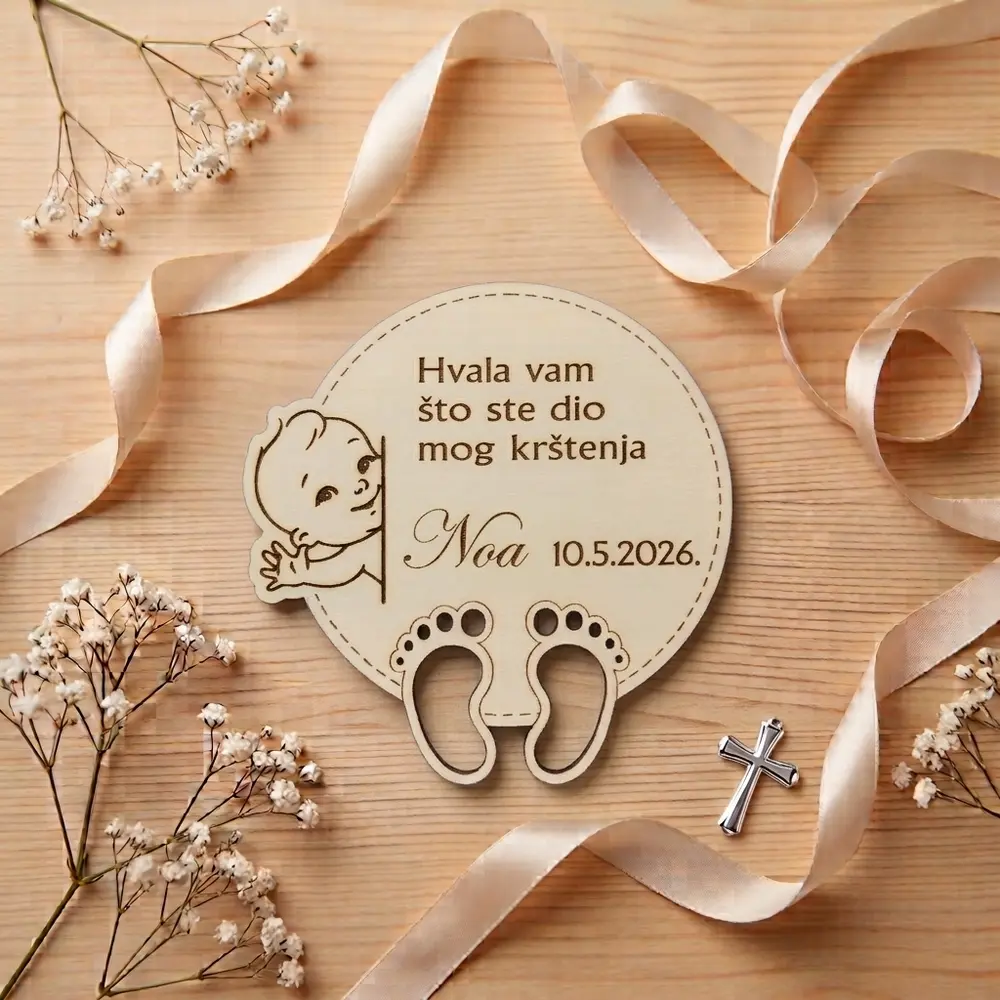 Personalizirani drveni magnet za krštenje s gravurom imena i datuma