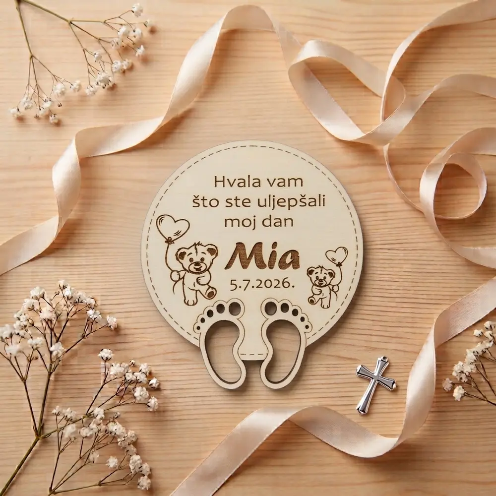 Magnet zahvalnica za krštenje s personaliziranim natpisom i motivom bebe