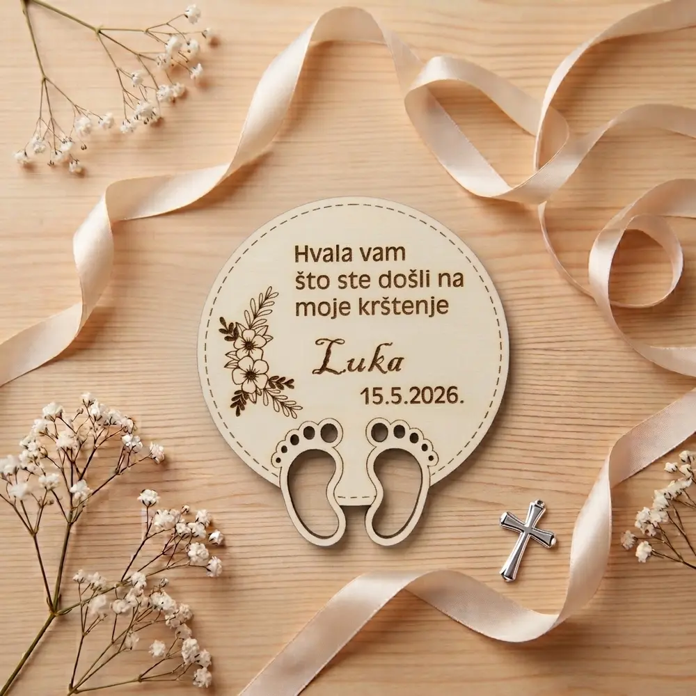 Drvena zahvalnica za krštenje u obliku magneta s personalizacijom