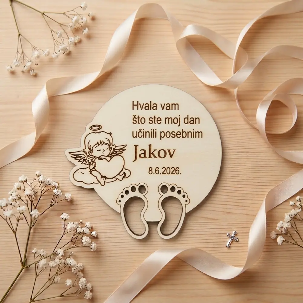 Drveni magnet za krštenje s personaliziranom gravurom i motivom anđela
