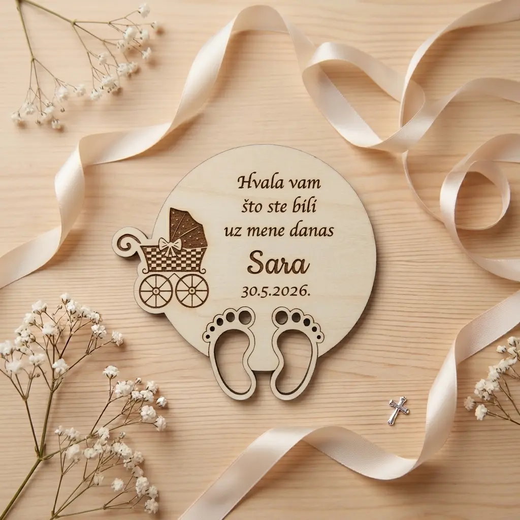 Personalizirani magnet za krštenje s gravurom imena djeteta i datumom