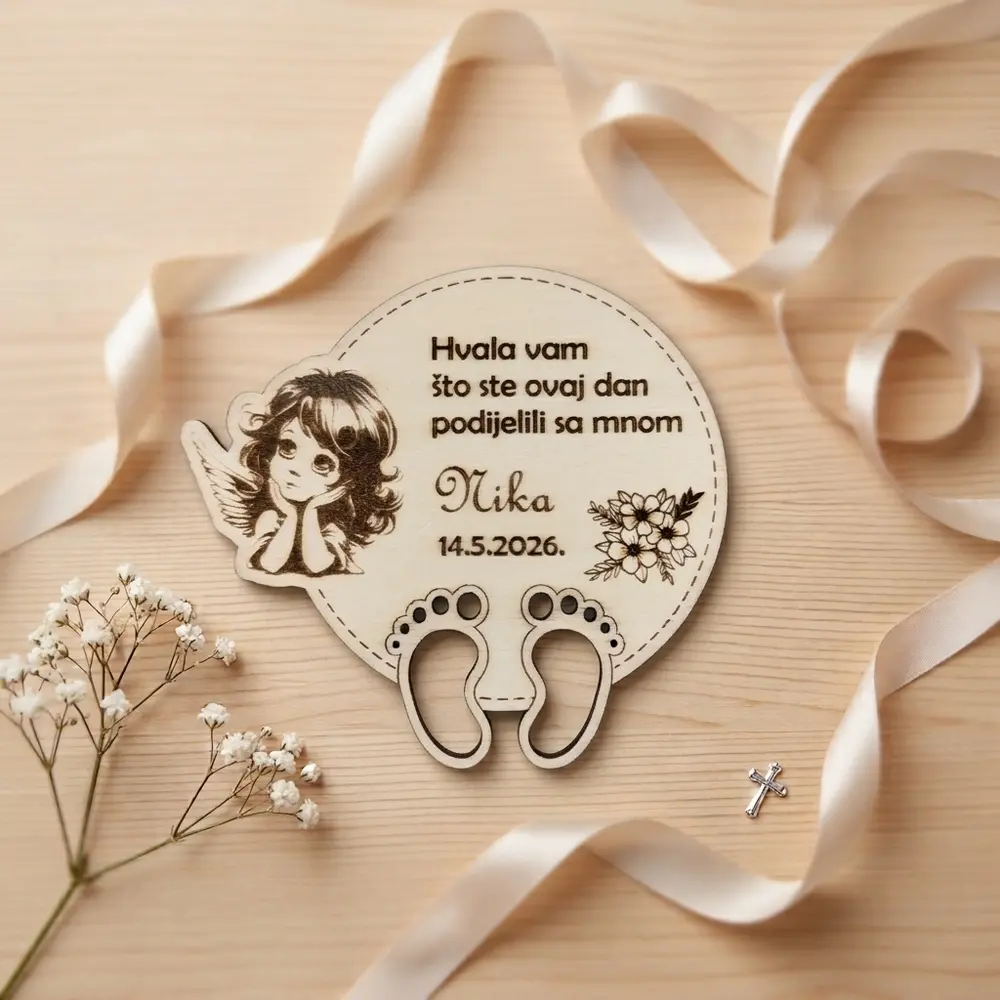 Drveni magnet zahvalnica za krštenje s personaliziranim natpisom