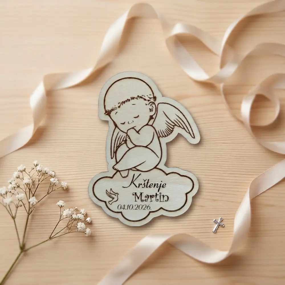 Drvena zahvalnica za krštenje magnet ZKM12 s motivom anđela